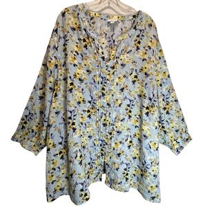 J Jill Blue and Yellow Floral Linen Button-up Tunic Top 3/4 Sleeves - Size 4X